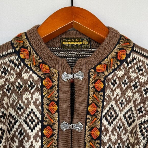 Vintage Nordstrickk Brown 100% Wool Nordic Fair Isle Silver Closure Cardigan - Picture 8 of 16